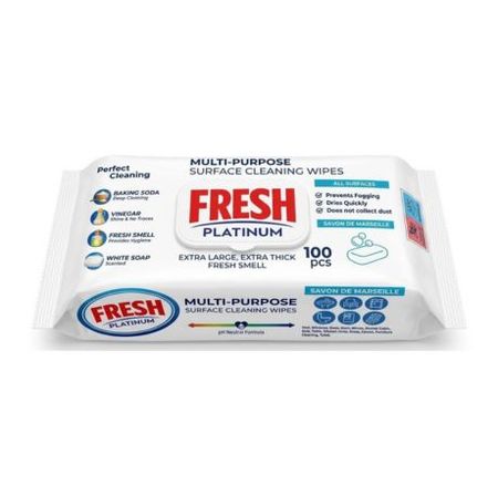 FRESH PLATINUM MULTI-PURPOSE SUPERFACE CLEANING WIPES SAVON DE MARSEILLE CHUSTECZKI WIELOFUNKCYJNE Z MYDŁEM MARSYLSKIM 100 SZT.